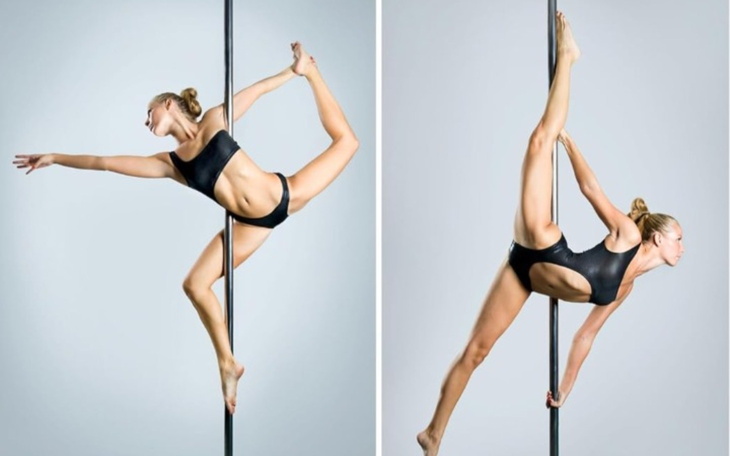 Tancerka wykonująca akrobacje na rurze w czarnym stroju.