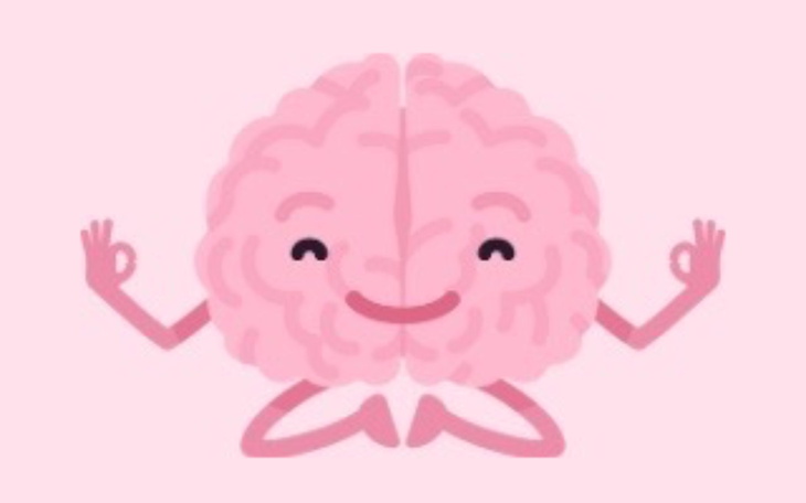 Rysunek uśmiechającego się mózgu w pozycji medytacyjnej.