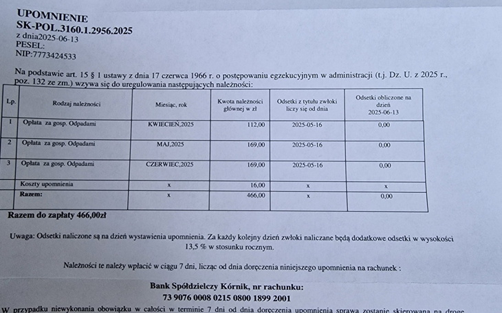 Dokument z informacjami o należnościach.