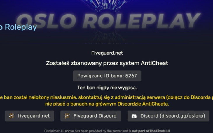 Ekran z komunikatem o zbanowaniu w grze Oslo Roleplay.