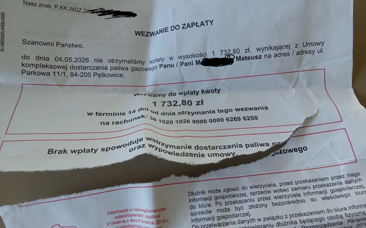 Wezwanie do zapłaty z informacjami o długach.