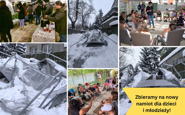 Zbiórka na nowy namiot dla dzieci i młodzieży w zimowej scenerii.