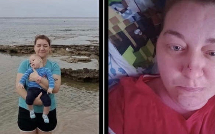 Matka z dzieckiem na plaży oraz zdjęcie w szpitalu.