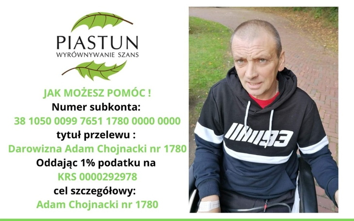 Ogłoszenie o pomocy dla Adama Chojnackiego, z danymi kontaktowymi.