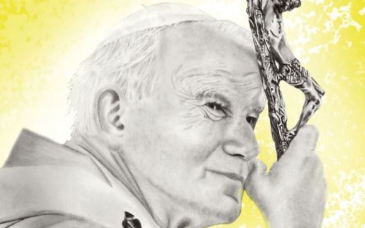 Portret Jana Pawła II z krzyżem, symbolizującym jego duchowe przywództwo.