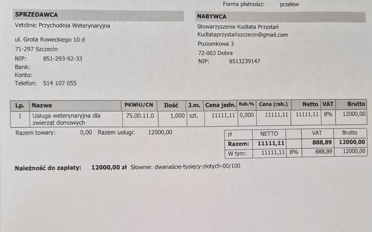 Faktura za usługi weterynaryjne z danymi.