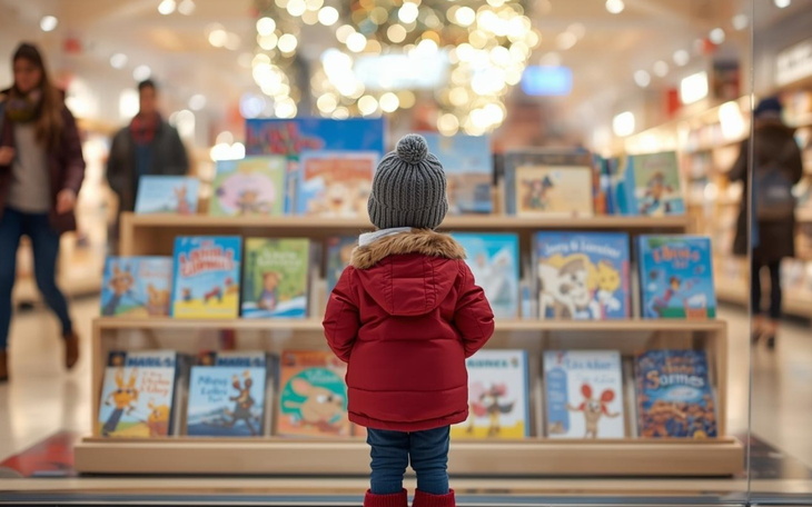 Dziecko w czerwonym płaszczu oglądające książki w księgarni.