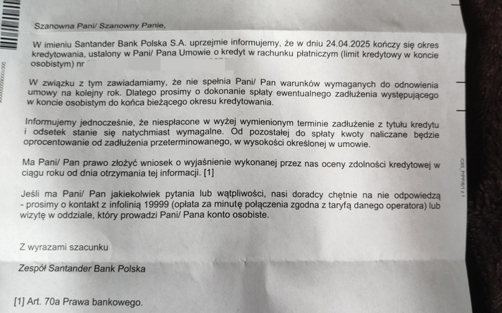 List z informacjami od banku dotyczący kredytu.