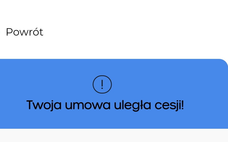 Komunikat o cesji umowy na niebieskim tle.