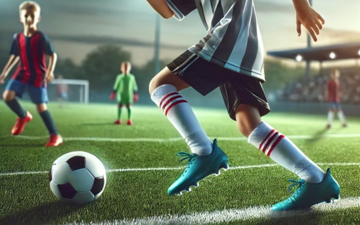 Dzieci grają w piłkę nożną na boisku.