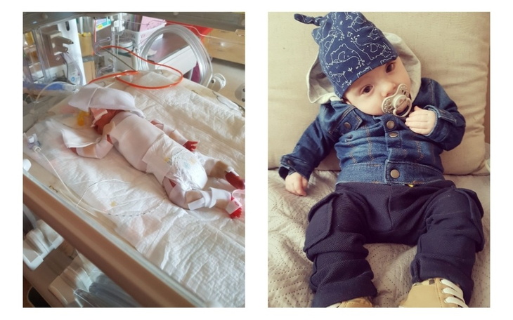 Noworodek w inkubatorze obok ubranego w dżinsy niemowlaka.