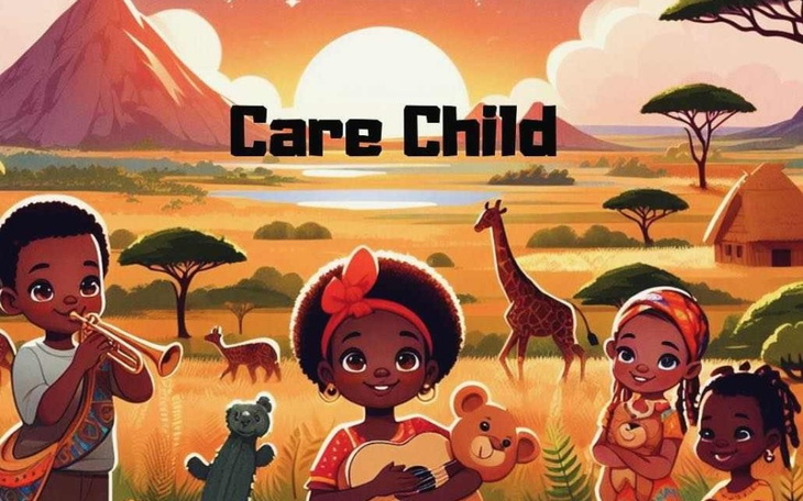 Ilustracja dzieci w afrykańskim krajobrazie z instrumentami.