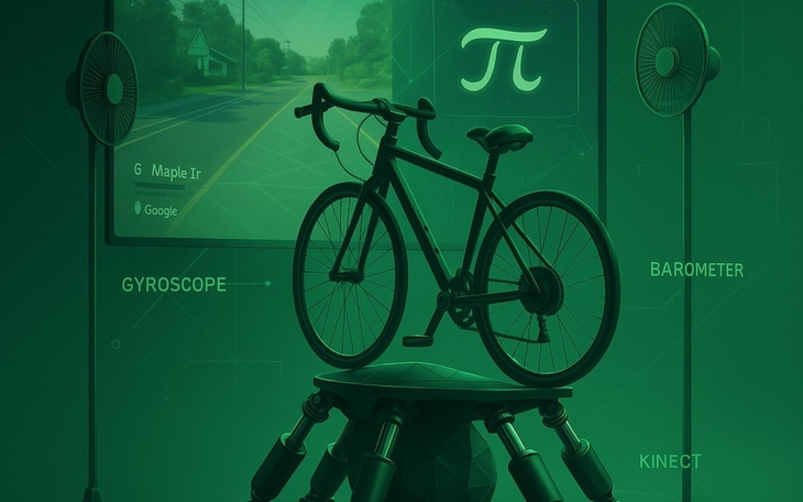 Rower na tle technologicznych elementów i symbolu pi.