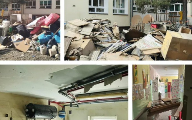 Zniszczony teren z odpadami i gruzem, wymagający sprzątania.