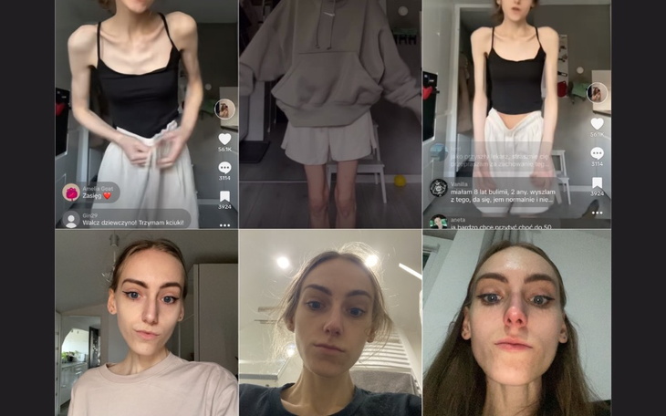 Kobieta w bluzie i spódnicy, prezentująca swoją sylwetkę w różnych ujęciach.