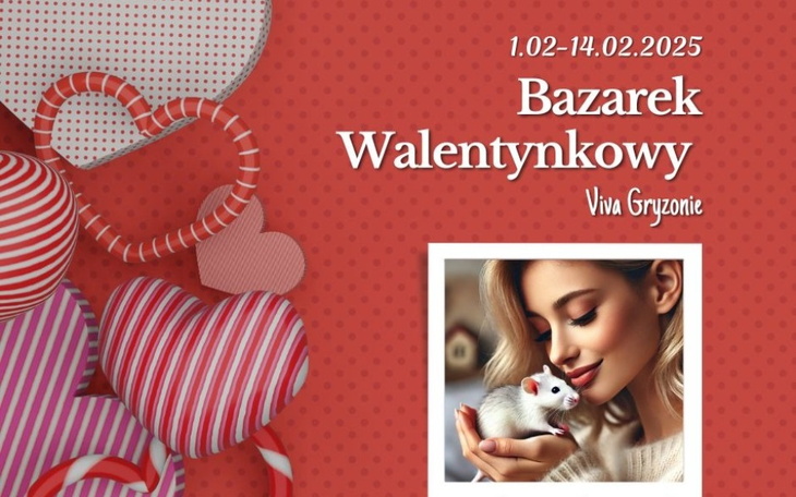 Plakat zapraszający na Walentynkowy Bazarek z sercami i zdjęciem kobiety z gryzoniem.