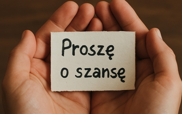 Ręce trzymające kartkę z napisem 'Proszę o szansę'.