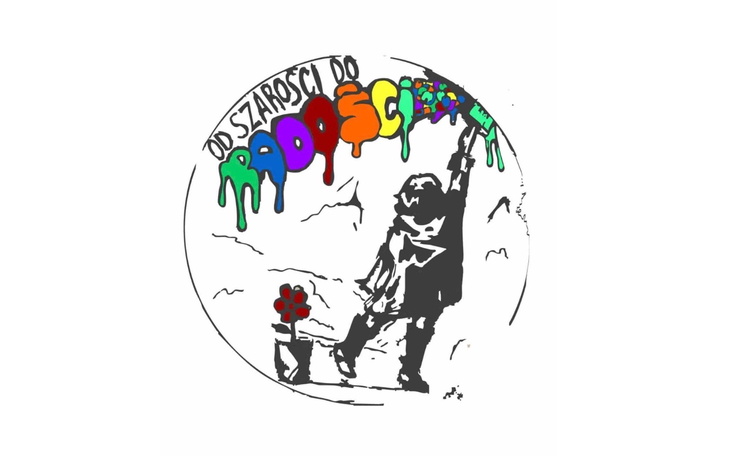 Rysunek przedstawiający postać z tęczowym napisem.