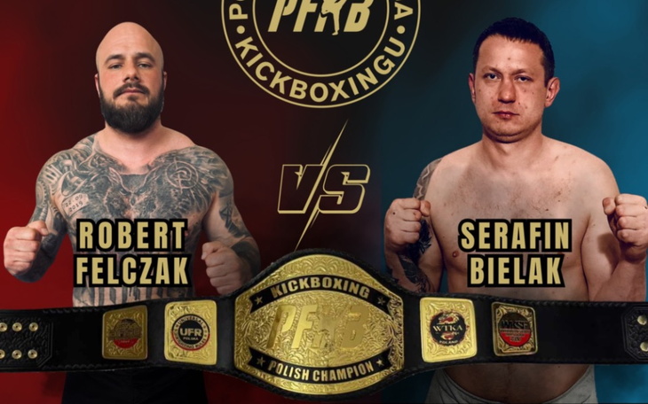 Plakat walki kickboxerskiej z dwoma zawodnikami i pasem mistrza.