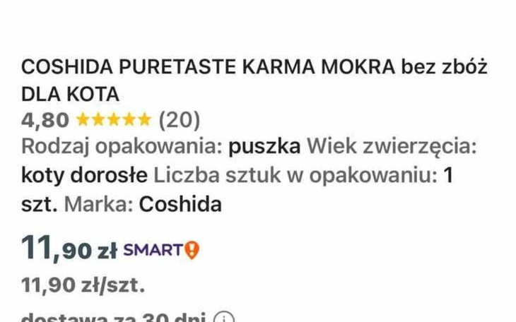 Informacja o karmie dla kota, cena i szczegóły produktu.