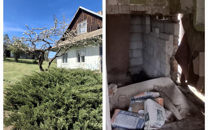 Widok na dom z ogrodem i starym budynkiem w tle.