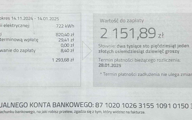Rachunek za energię elektryczną z kwotą do zapłaty.