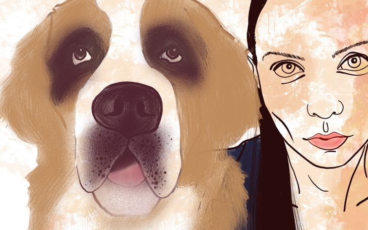 Ilustracja psa świętego Bernarda obok portretu kobiety.