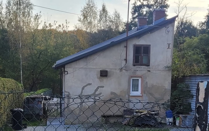 Dom z dachem w kształcie spadowym, otoczony zielenią.