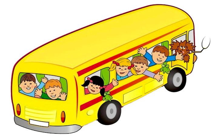 Ilustracja żółtego autobusu szkolnego z uśmiechniętymi dziećmi w środku.