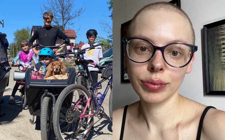 Zgromadzeni na rowerowym wypoczynku na wsi rodzina z psem i rowerami.