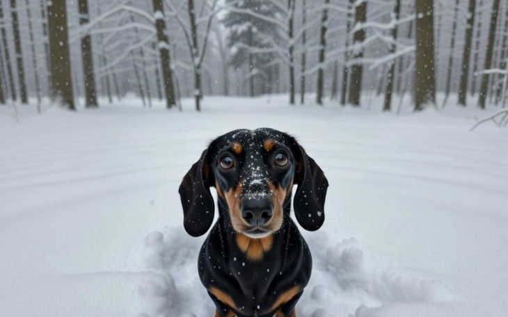 Pies w zimowym lesie, pokryty śniegiem.