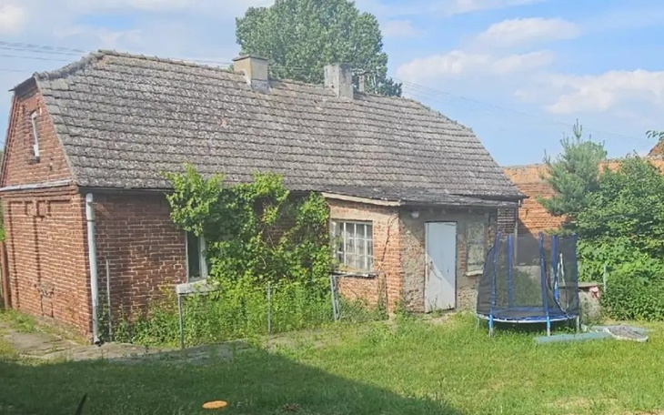 Stary dom z cegły, otoczony zielenią i trampoliną.