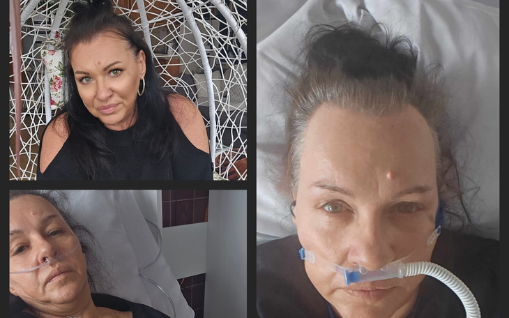 Kobieta w szpitalu, z tlenem, w różnych ujęciach.