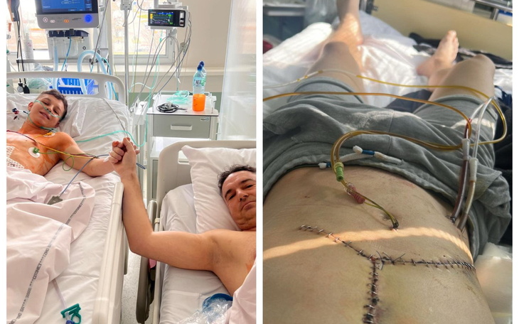 Dwóch pacjentów w szpitalu trzymających się za ręce.