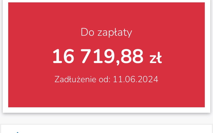 Ekran z informacją o zadłużeniu.