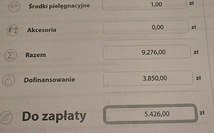 Dokument z informacjami o kosztach i do zapłaty.
