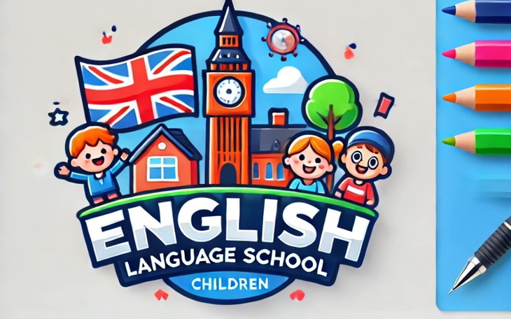 Logo szkoły językowej z dziećmi i flagą Wielkiej Brytanii.