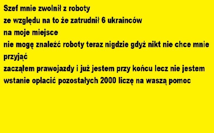 Tekst na żółtym tle, prośba o pomoc w znalezieniu pracy.