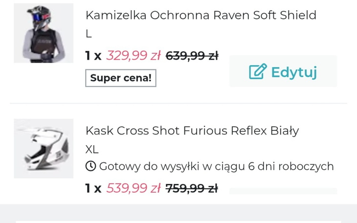 Zrzut ekranu z zamówieniem kamizelki ochronnej i kasku motocyklowego.