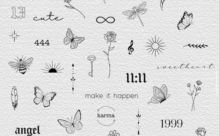 Kolaż z rysunkami motyli, kwiatów i symboli, w stylu minimalistycznym.