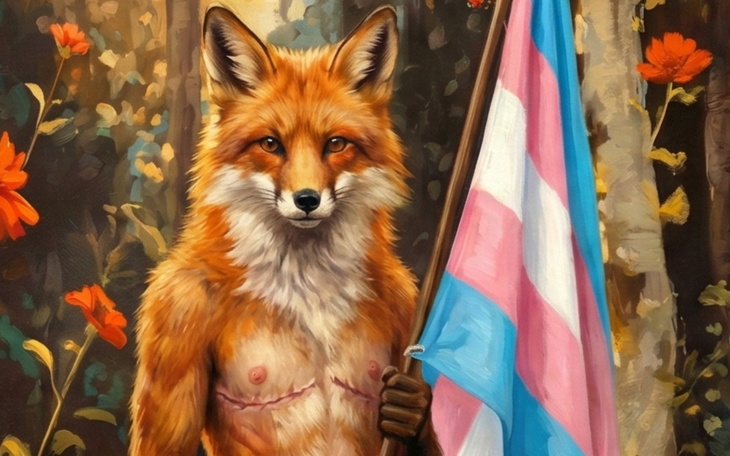 Rysunek lisa trzymającego flagę w kolorach tęczy.