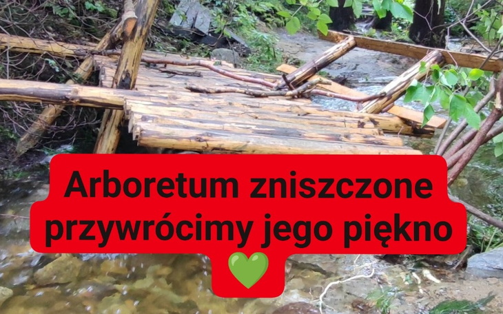 Zniszczony mostek w arboretum, apel o pomoc w odbudowie.