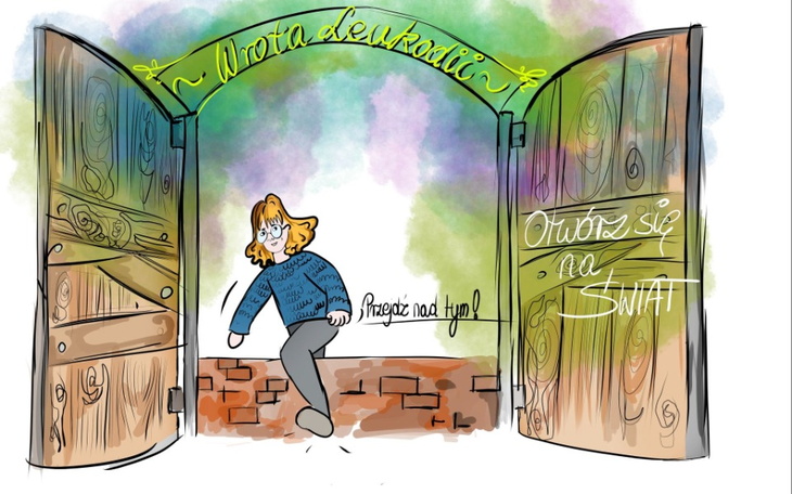 Ilustracja przedstawiająca otwarte drzwi do świata.