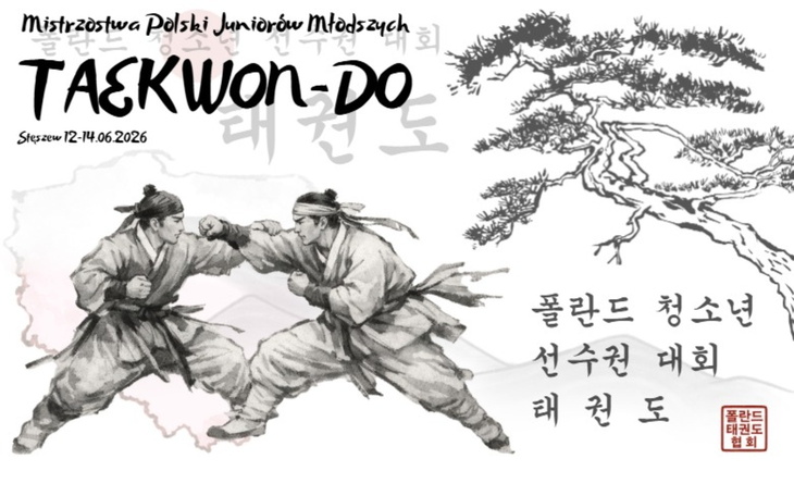 Plakat mistrzostw Taekwondo z grafiką dwóch zawodników.