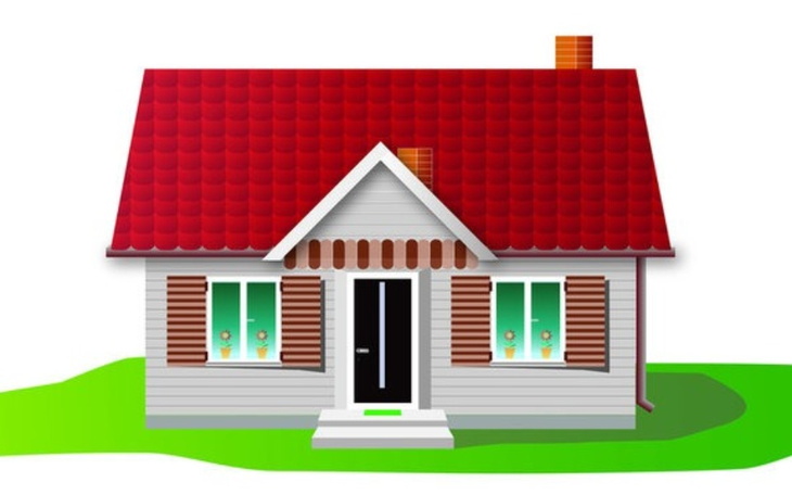 Ilustracja domku z czerwonym dachem na zielonej trawie.