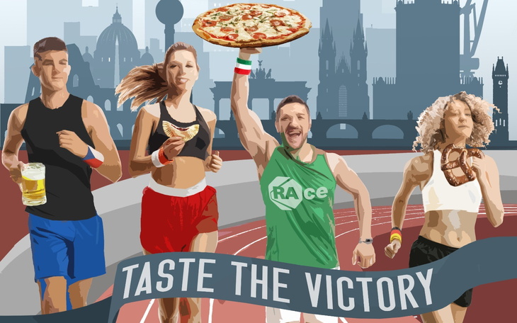 Ilustracja biegaczy z pizzą na tle miejskiego krajobrazu.