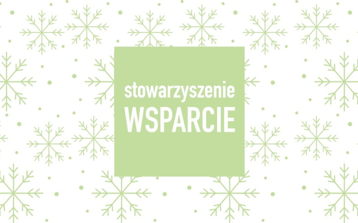 Logo stowarzyszenia 'Wsparcie' na tle płatków śniegu.