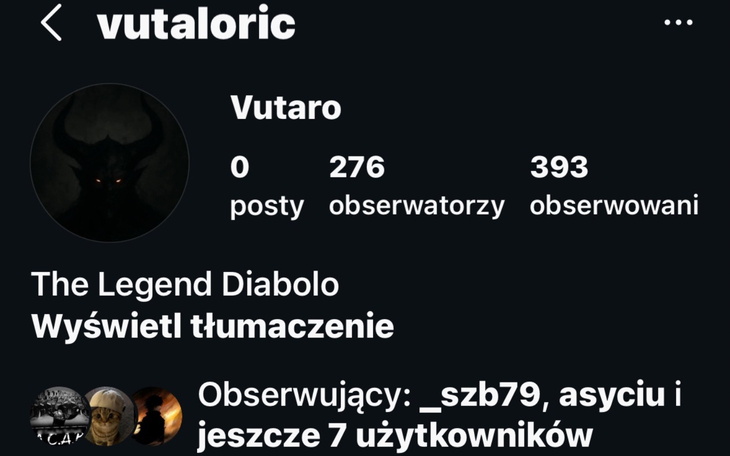 Profil użytkownika na Instagramie z mrocznym zdjęciem.