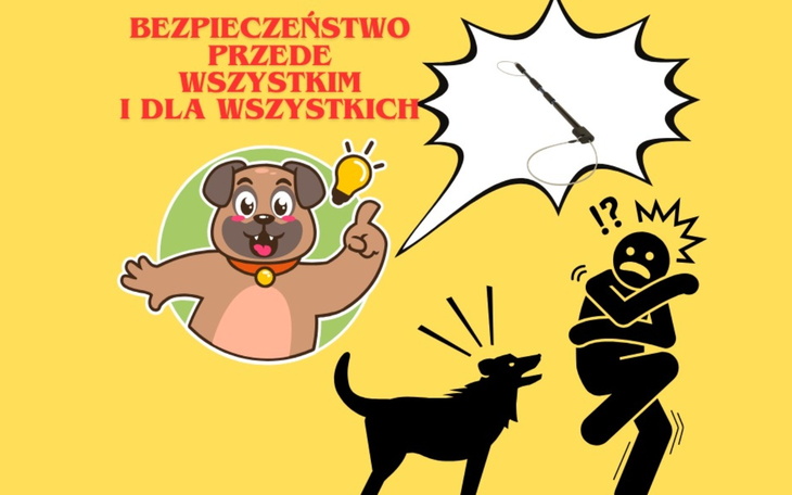 Ilustracja psa i człowieka z hasłem o bezpieczeństwie.