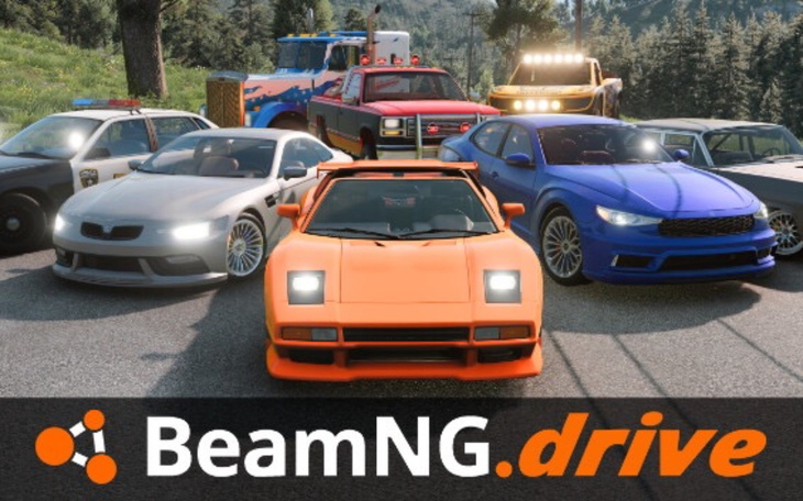 Logo gry BeamNG.drive z różnymi samochodami.